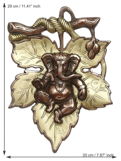 Ecraftindia Golden and Copper Finish Lord Ganesha on Creative Leaf Metal Wall Hanging | Decorative Hindu God Idol for Home
