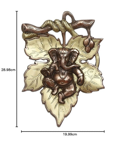 Ecraftindia Golden and Copper Finish Lord Ganesha on Creative Leaf Metal Wall Hanging | Decorative Hindu God Idol for Home