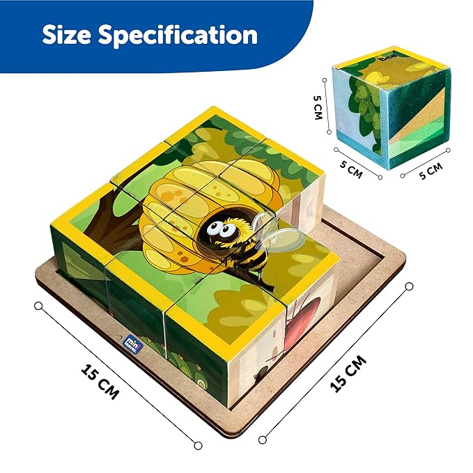 Mini Leaves 6 in 1 Insects Animals Wooden Cube Puzzle for Kids 3+ Years | Wooden Blocks 6 Sides With 6 Animal With Storage Tray