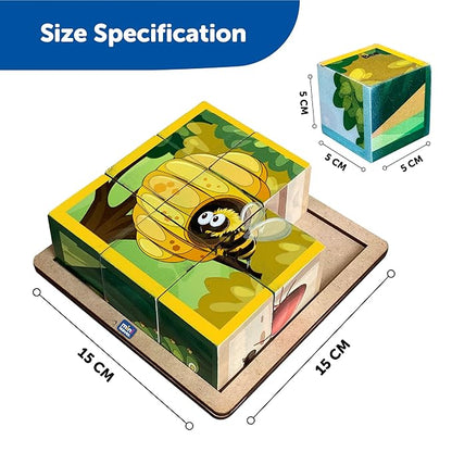 Mini Leaves 6 in 1 Insects Animals Wooden Cube Puzzle for Kids 3+ Years | Wooden Blocks 6 Sides With 6 Animal With Storage Tray