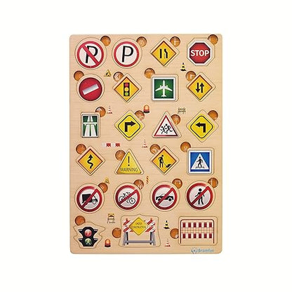 Zudo Wooden Montessori Educational Pre-School Puzzle Board Toy for Boys and Girl Traffic Symbol