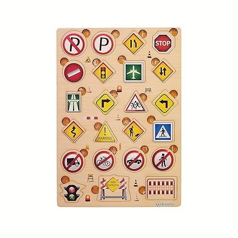 Zudo Wooden Montessori Educational Pre-School Puzzle Board Toy for Boys and Girl Traffic Symbol