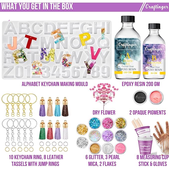 Craftinger Resin Art Pro Alphabet Keychain Making Kit With 200gm Epoxy Resin & Mould | Tassels Glitter Pigments and More