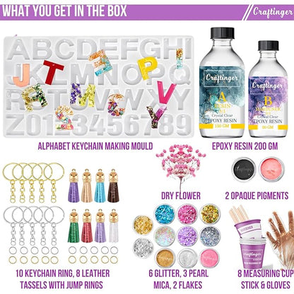 Craftinger Resin Art Pro Alphabet Keychain Making Kit With 200gm Epoxy Resin & Mould | Tassels Glitter Pigments and More