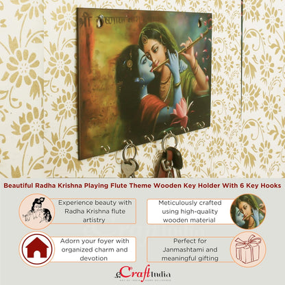 Ecraftindia Radhe Krishna Theme Wooden Key Holder With 6 Hooks