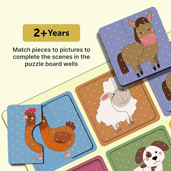 Mini Leaves 2 Piece Puzzle for Kids | Farm Animals Jigsaw Puzzle | Set of 6 Wooden Puzzles for Kids | Educational Toys for Kids