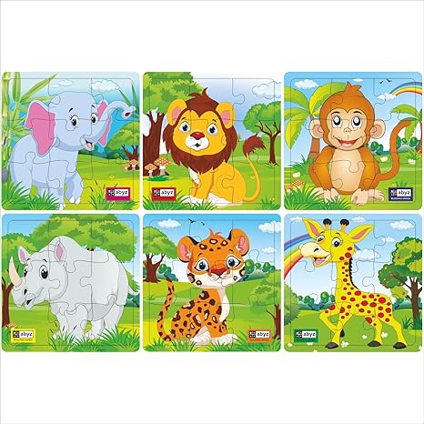 ABYZ Wooden Animal Jigsaw Puzzle Games for Kids & Children Paperless Puzzle 9 Pieces (Set of 6) for Kids Age 3+