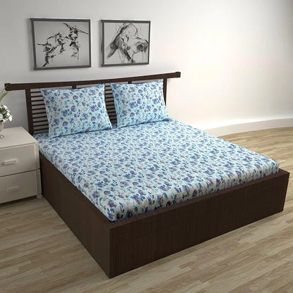 Divine Casa 144 TC Pure Cotton Double Bed Bedsheet with 2 Pillow Covers Floral Pattern Colour Sky Purple Blue