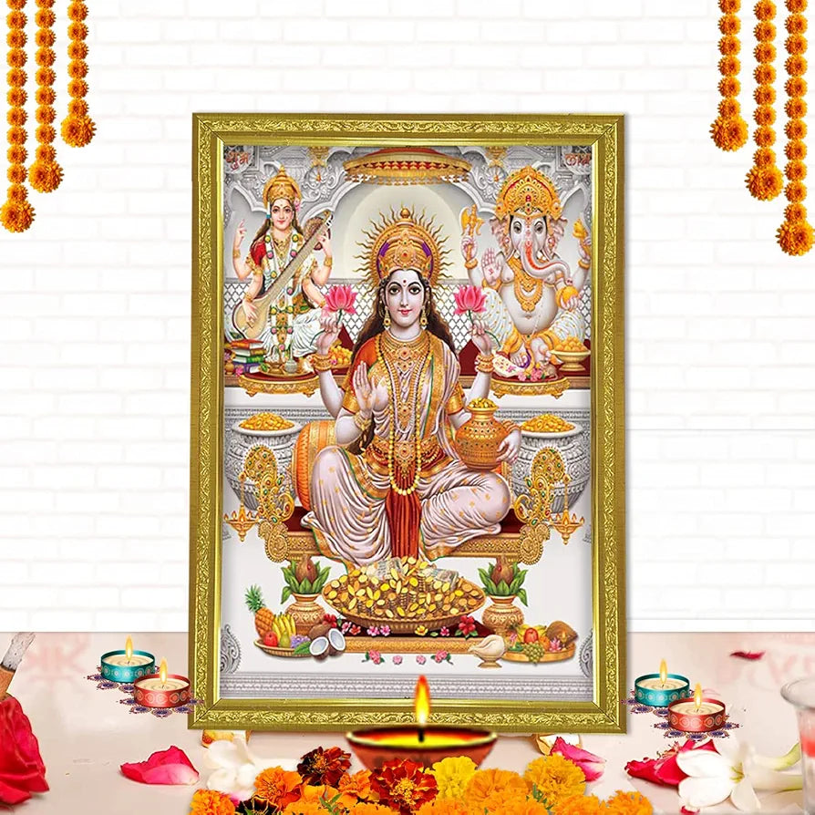 Lifehaxtore Lakshmi With Ganesha and Saraswati Photo Painting with Golden Frame for Temple - Model 2