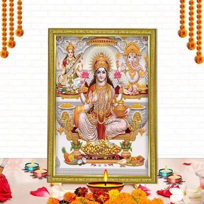 Lifehaxtore Lakshmi With Ganesha and Saraswati Photo Painting with Golden Frame for Temple - Model 2