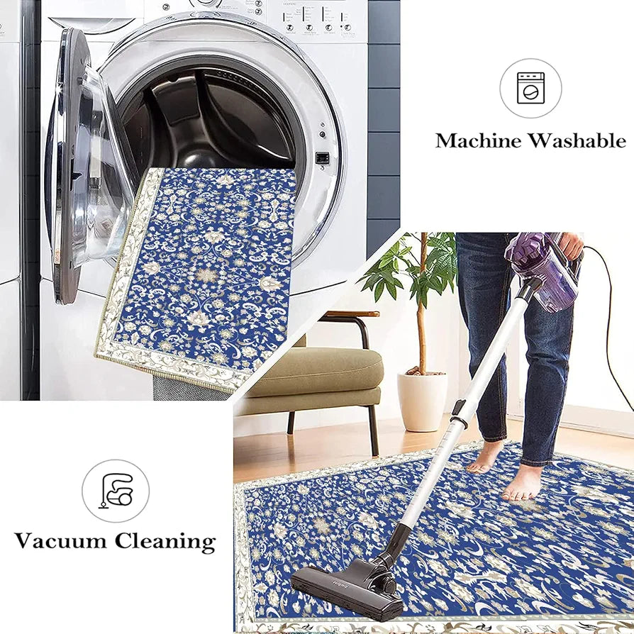 Ishro Home Velvet Premium Modern Runner Rug For Bedroom, Kitchen Colour  Geometrical Blue