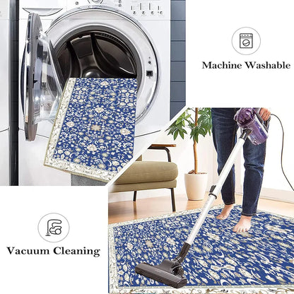 Ishro Home Velvet Premium Modern Runner Rug For Bedroom, Kitchen Colour  Geometrical Blue