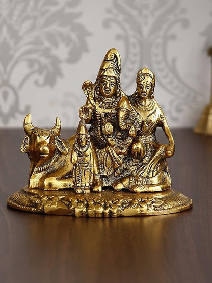 Ecraftindia Golden Metal Handcrafted Lord Shiva, Parvati, Kartik, and Ganesha Idol Sitting on Nandi Animal Figurine Decorative Showpiece