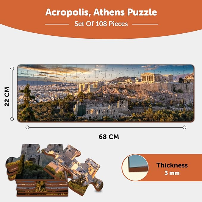 Mini Leaves Panorama View Athens Greece 108 Pieces Wooden Puzzle for Adults | Multicolor 108 Pieces | Wooden Puzzle Box