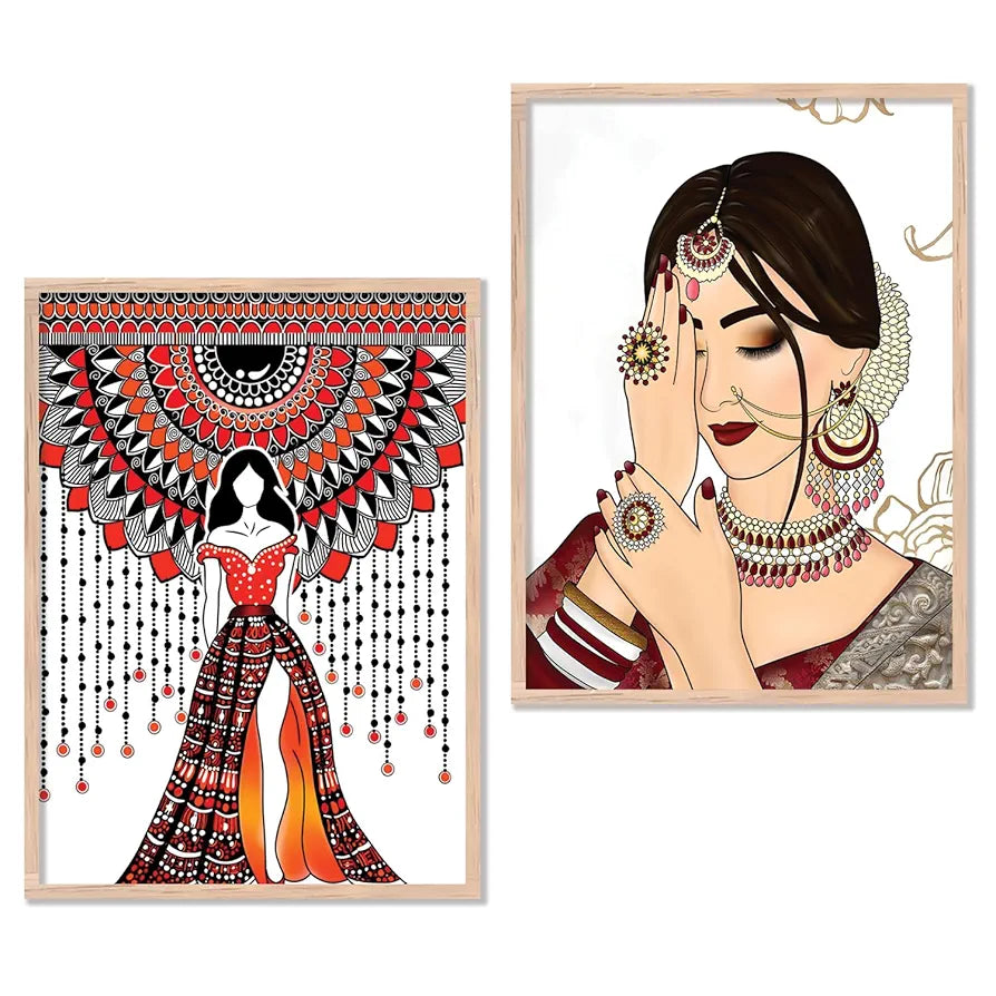 Kotart Indian Woman Digital Painting with Frame for Home Decoration Pack of 2 Design03