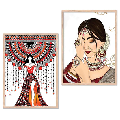 Kotart Indian Woman Digital Painting with Frame for Home Decoration Pack of 2 Design03