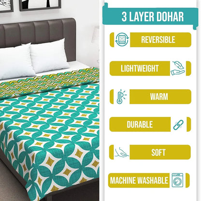Divine Casa Glace Cotton Single Bed Dohar 120 GSM Lightweight AC Blanket Reversible Summer Quilt Colour Turquoise Blue & Leaf Green