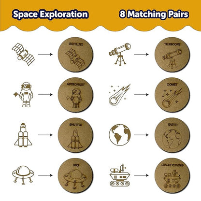 Mini Leaves Wooden Memory Card Space Exploration Puzzle Set With Wooden Box | Pattern, Color Matching Toy in 8 Pairs