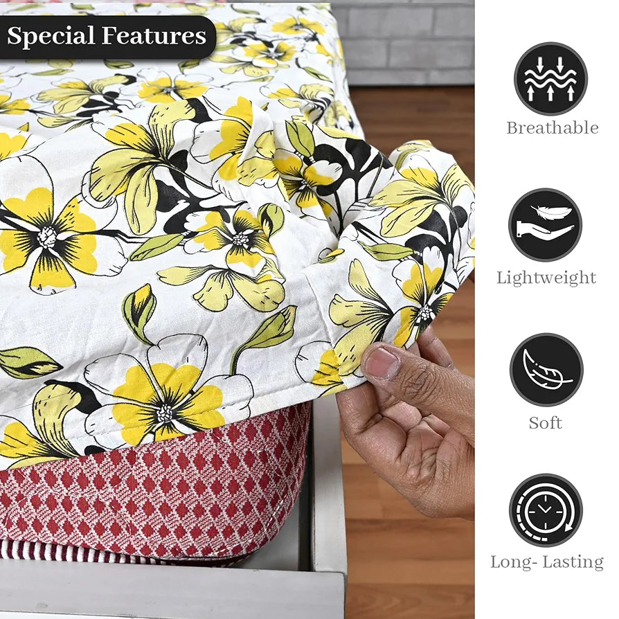 Divine Casa Floret 100% Cotton Double Fitted Bedsheet 144 TC Deep Pocket Design Colour Daffodil Yellow