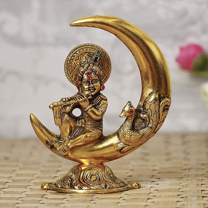 Ecraftindia Golden Metal Handcrafted Lord Krishna Idol Playing Flute and Sitting on Half Moon Decorative Showpiece
