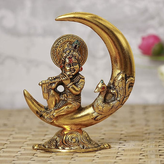 Ecraftindia Golden Metal Handcrafted Lord Krishna Idol Playing Flute and Sitting on Half Moon Decorative Showpiece