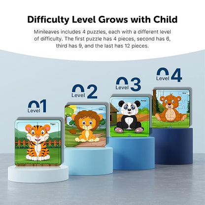 Mini Leaves Wild Animal 4-in-a-box Wooden Puzzles With 4, 6, 9, and 12 Pieces | Difficulty Level Grows With Kids