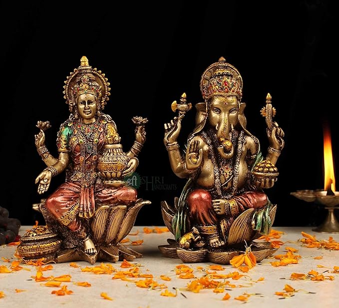 Indicast 7" Inch Cold Cast Resin Laxmi and Ganesh Showpiece Antique Home Decor and Gifting