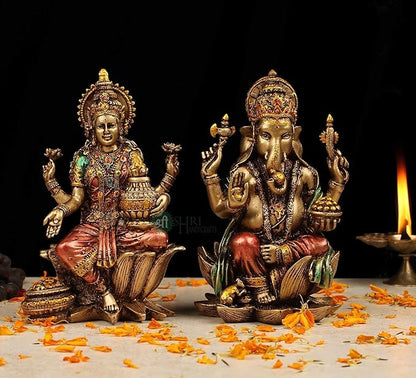 Indicast 7" Inch Cold Cast Resin Laxmi and Ganesh Showpiece Antique Home Decor and Gifting