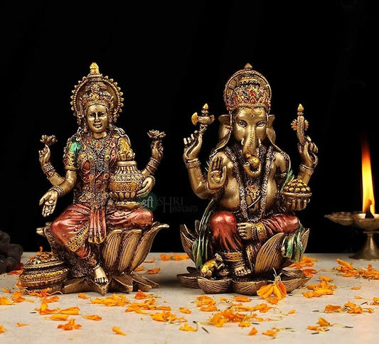 Indicast 7" Inch Cold Cast Resin Laxmi and Ganesh Showpiece Antique Home Decor and Gifting