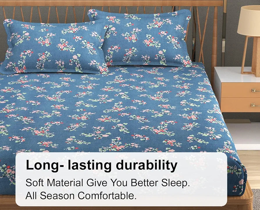 Fresh From Loom Anti Fade Floral Print 240 TC Microfiber King Size Bedsheet with 2 Pillow Covers Greyish-Blue
