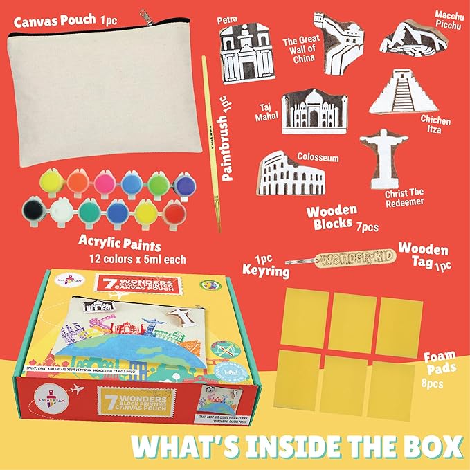 Kalakaram Diy Block Print Canvas Pouch Kit - Create Your Own 7 Wonders Pouch | Creative Activity Kits for Kids