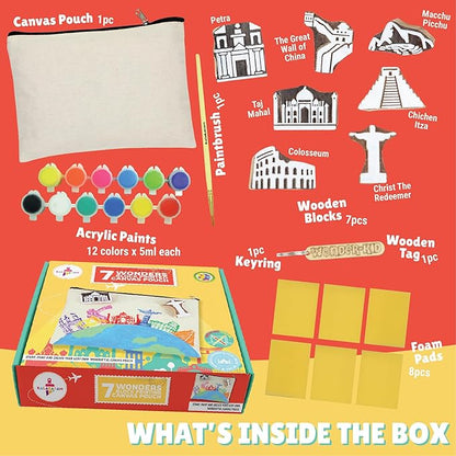 Kalakaram Diy Block Print Canvas Pouch Kit - Create Your Own 7 Wonders Pouch | Creative Activity Kits for Kids