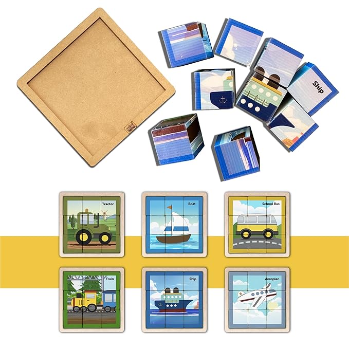 Mini Leaves 6 in 1 Transport Wooden Cube Block 6 Sides with 6 Animal with Storage Tray Kids 3+ Years | Educational Sorting and Assembling Toys