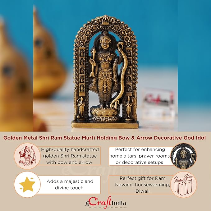 Ecraftindia Golden Metal Handcrafted Shri Ram Statue Holding Bow & Arrow | Ayodhya Ram Lalla Idol
