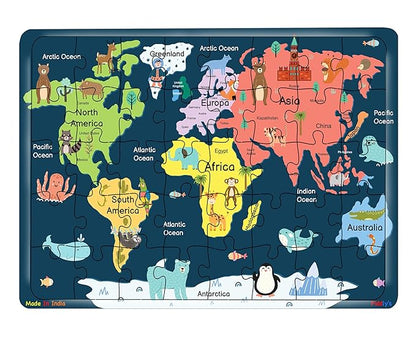 Fiddlys 40 Pcs Paperless Wooden Jigsaw Puzzle for Kids Learning Educational Toy for 4 Years and Above | World Map & Solar System