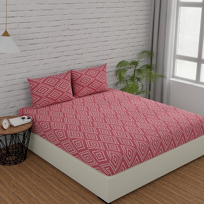 Huesland by Ahmedabad Cotton 144 TC Bedsheet for King Size Bed with 2 Pillow Covers | Peach Pink