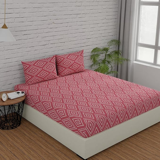 Huesland by Ahmedabad Cotton 144 TC Bedsheet for King Size Bed with 2 Pillow Covers | Peach Pink