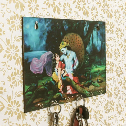 Ecraftindia Radhe Krishna Theme Wooden Key Holder With 6 Hooks