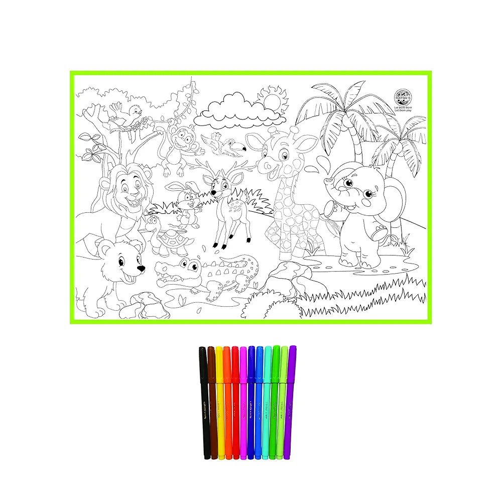 Ratna's My Coloring Mat Jungle Printed Mat of Size 40 x 27 Inches, Washable & Reusable Colouring Kit for Kids 3+ Years