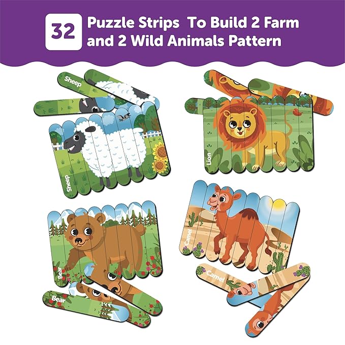 Mini Leaves Animal Theme Strip Wooden Puzzles | Picture Puzzle Strip for 3+ Years Kids | Multicolor 4 Patterns 32 Pieces