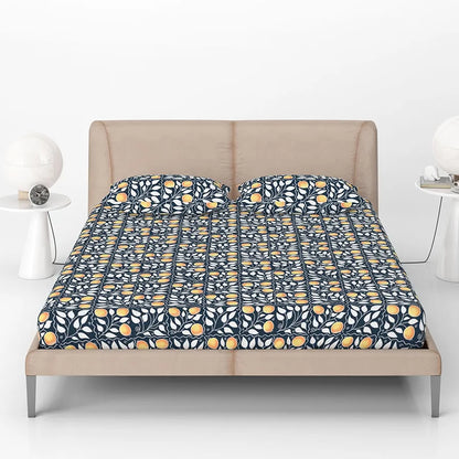 Divine Casa 144 TC 100% Cotton Deep Cobalt Floral King Size Elastic Fitted Bedsheet with 2 Pillow Covers Elegant Double Bed Set Colour Marlin