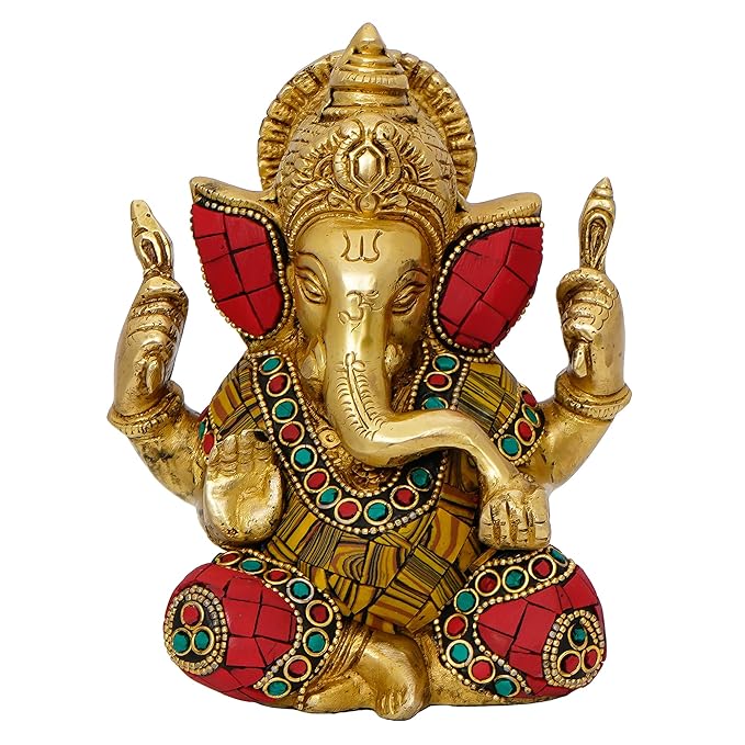 Ecraftindia Handcrafted Golden Brass Chaturbhuj Lord Ganesha Idol With Colorful Stone Work