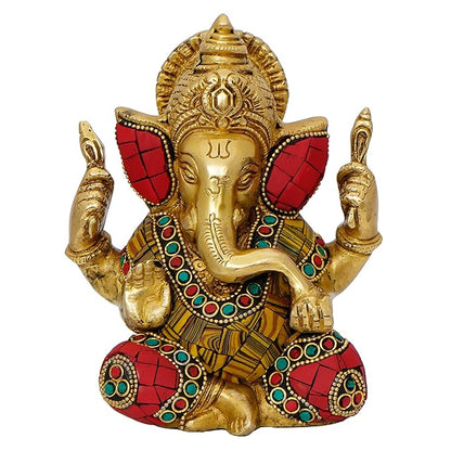 Ecraftindia Handcrafted Golden Brass Chaturbhuj Lord Ganesha Idol With Colorful Stone Work