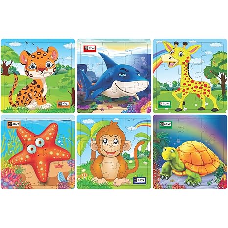 ABYZ Wooden Animal and Under Water Animal Tiger+Monkey+Giraffe+Turtle+Shark+Starfish Puzzle - 9 Pieces (Set of 6)