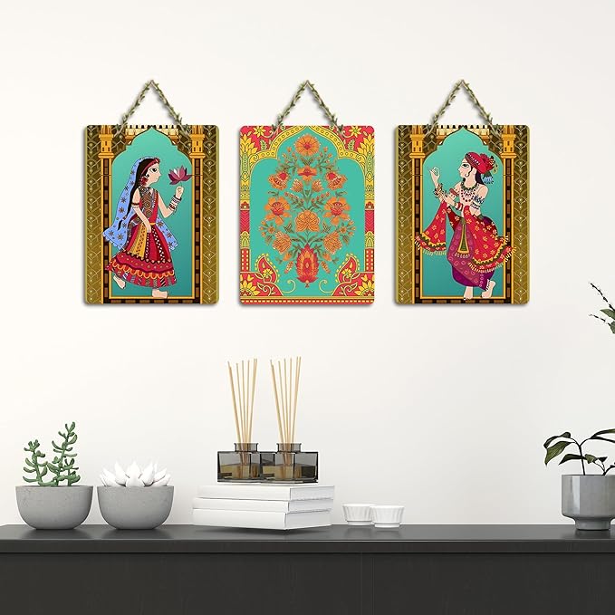 Artvibes Rajasthani Art Wooden Wall Hanging Decoration Item for Home | Set of 3