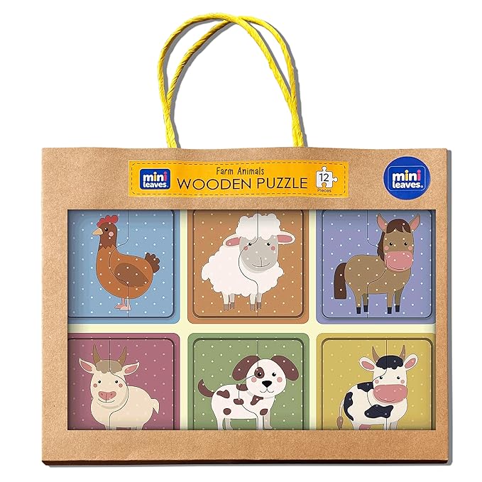 Mini Leaves 2 Piece Puzzle for Kids | Farm Animals Jigsaw Puzzle | Set of 6 Wooden Puzzles for Kids | Educational Toys for Kids