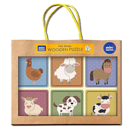 Mini Leaves 2 Piece Puzzle for Kids | Farm Animals Jigsaw Puzzle | Set of 6 Wooden Puzzles for Kids | Educational Toys for Kids