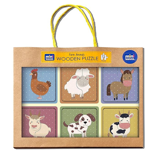 Mini Leaves 2 Piece Puzzle for Kids | Farm Animals Jigsaw Puzzle | Set of 6 Wooden Puzzles for Kids | Educational Toys for Kids