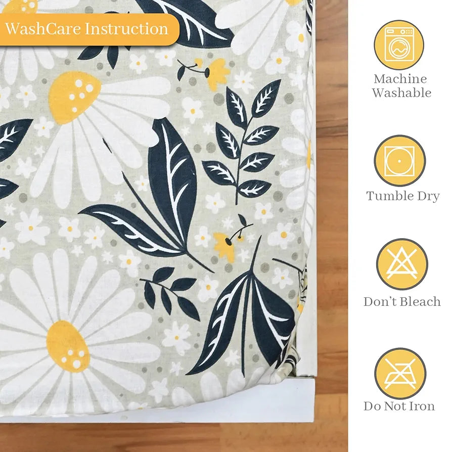 Divine Casa Floret 100% Cotton Double Fitted Bedsheet 144 TC Colour Vintage Daisies