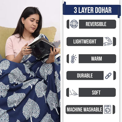 Divine Casa 120 GSM Microfiber Single Kids Dohar Soft & Lightweight Throw Blanket Tree Motif Pattern Colour Navy Blue & White